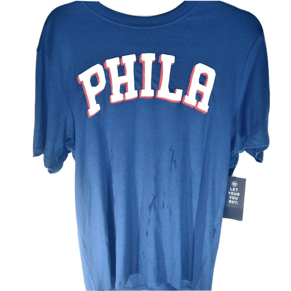 NBA 76ers Retro T-Shirt Small 70's Style Philadelphia Logo Blue Embroidered NWT - Picture 1 of 5